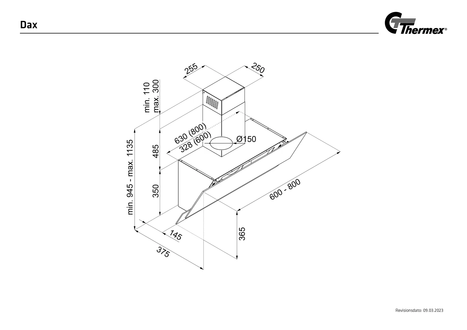 Måltegning Thermex Dax 800 mm · Centralventilation