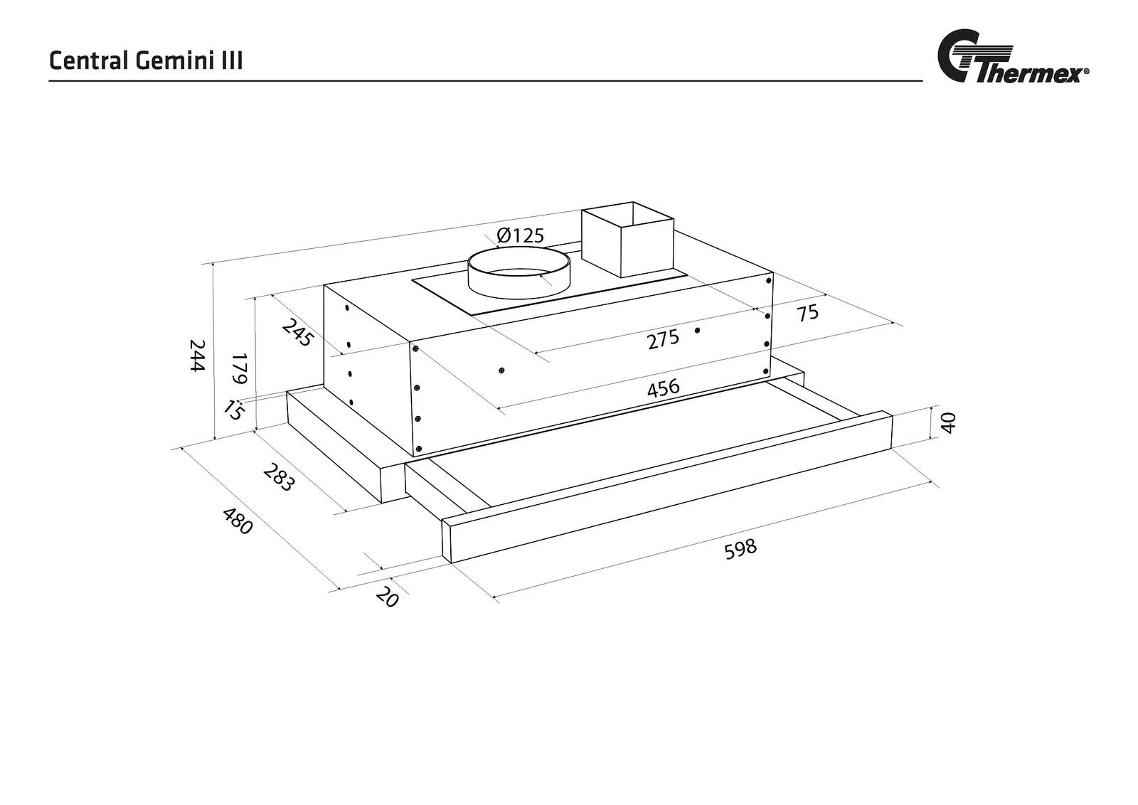 Måltegning Thermex Gemini III til centralventilation, 600 mm, hvid - med switch