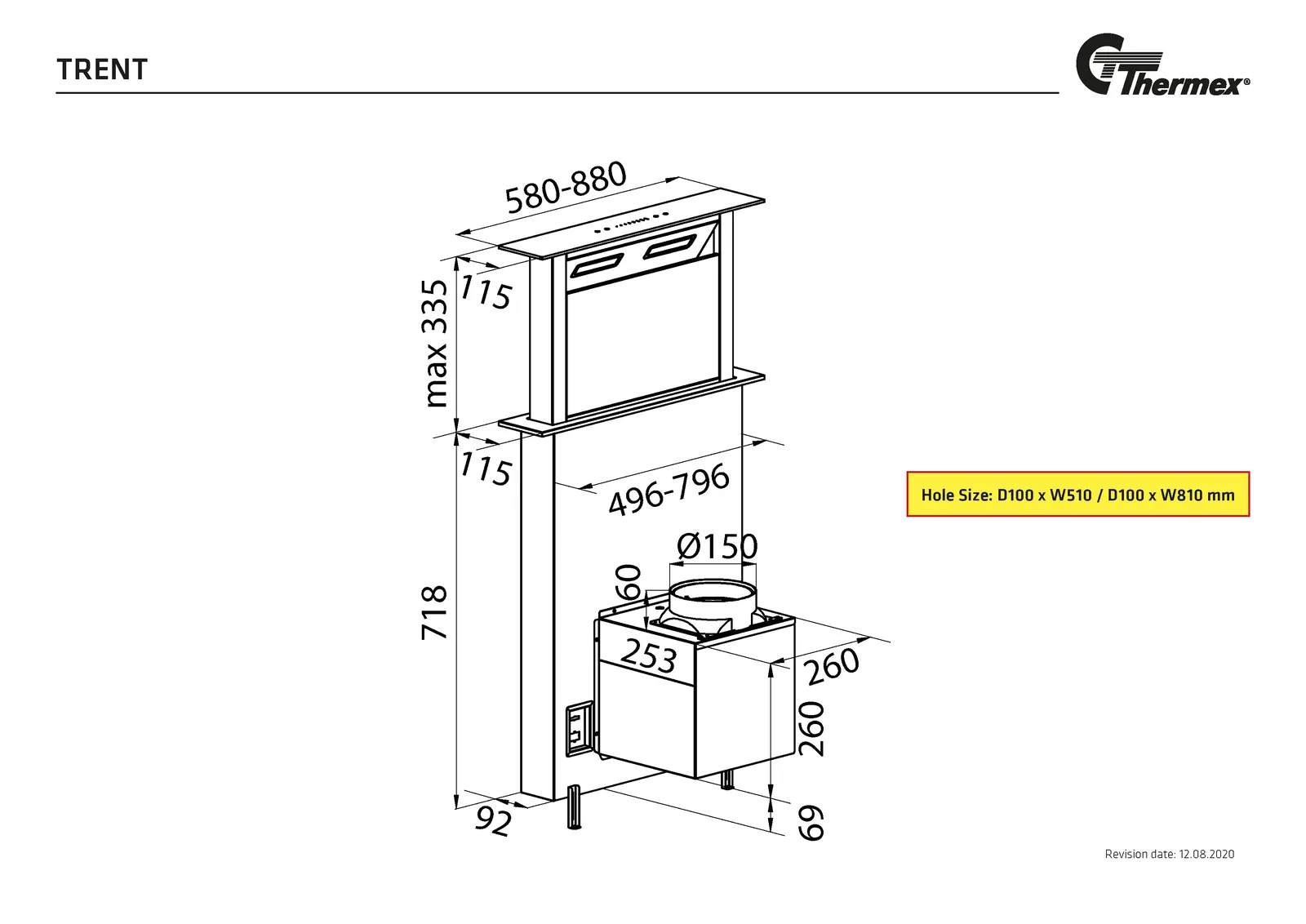 Måltegning Thermex Trent- Integrata bord 880 mm