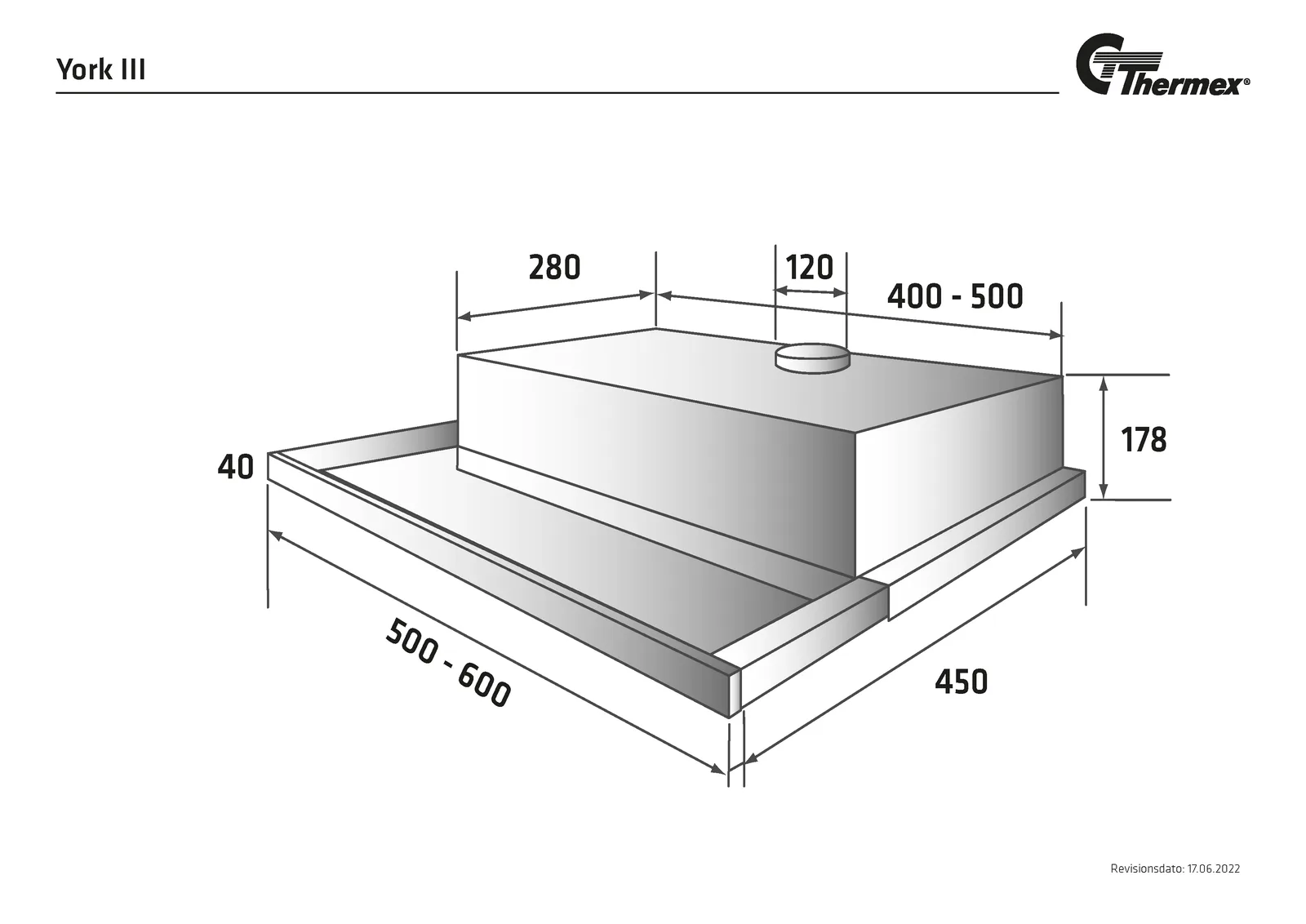 Måltegning Thermex York III 600 mm · Grå med rustfri front · Standard